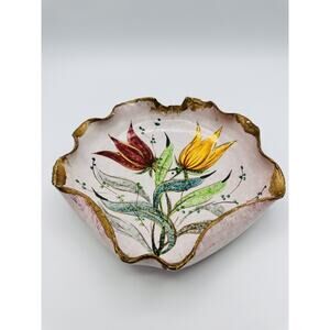 Vintage Italian Hand painted Ceramic Trinket Dish Floral Signed Pottery